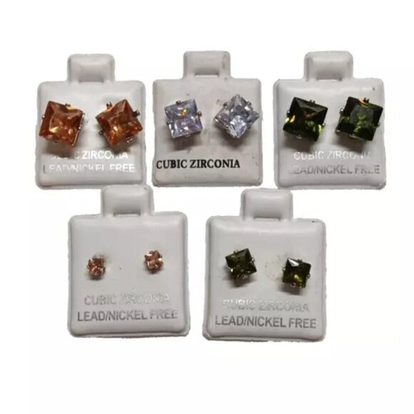5 Pairs Cubic Zirconia Stud Earrings Assorted Sizes & Colors Lead/Nickel Free - Picture 1 of 9
